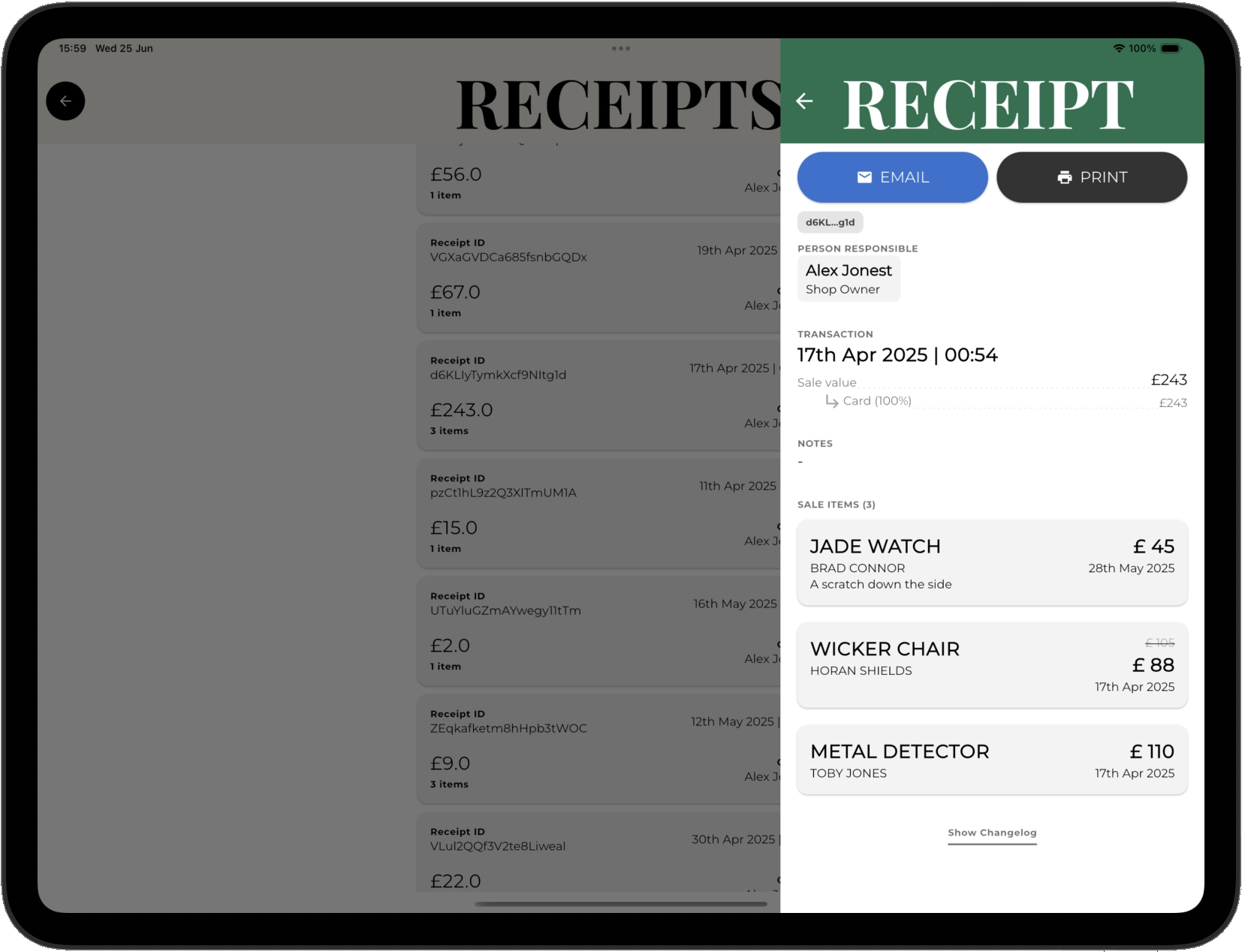View receipt screen in the Antiquely app.