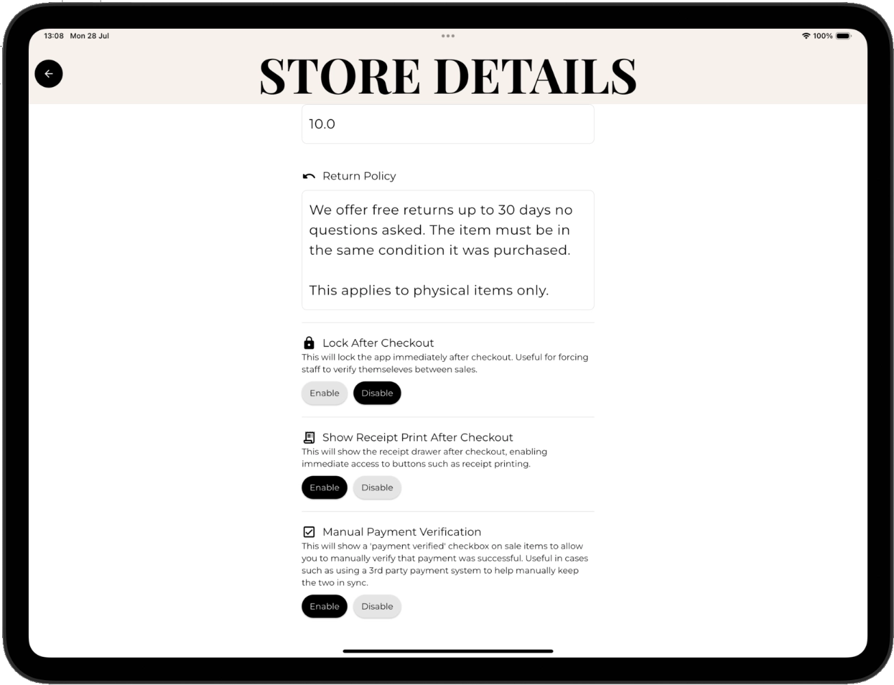 Screenshot of editing store details.