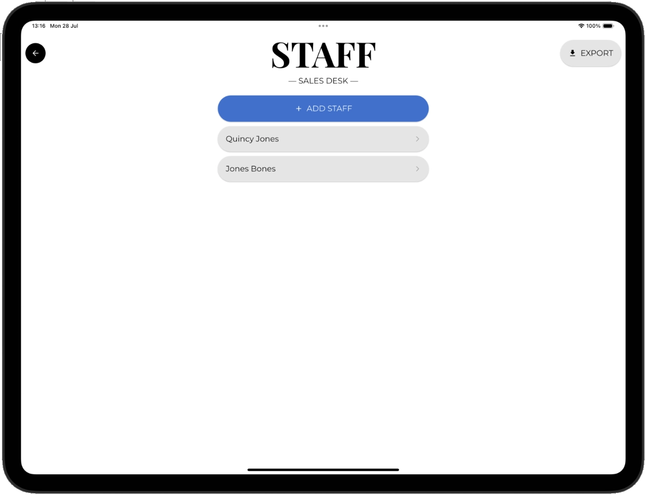 Screenshot of staff screen.