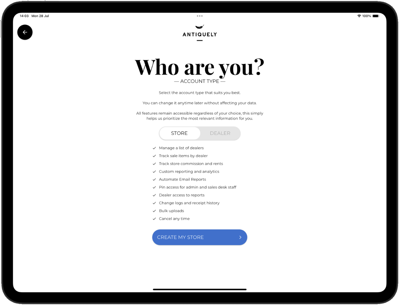 Screenshot of the account type choice screen.