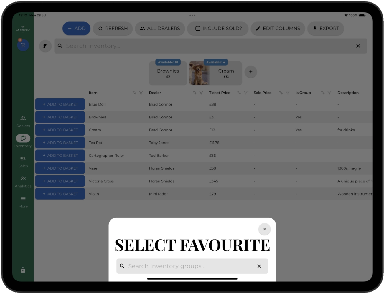 Screenshot of adding a favourite inventory button.