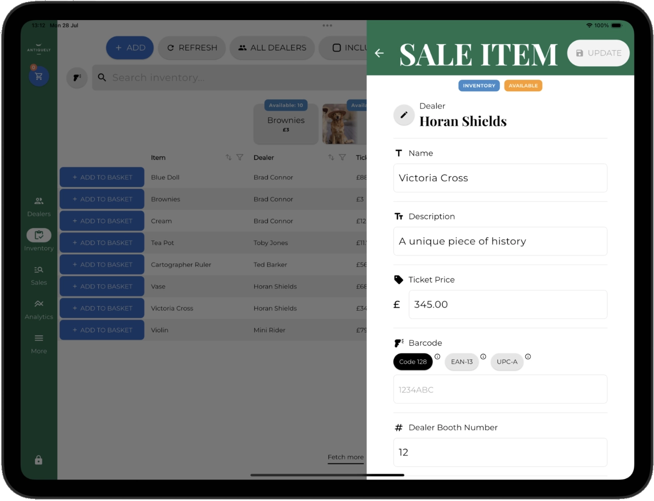 Screenshot of editing a sale item.