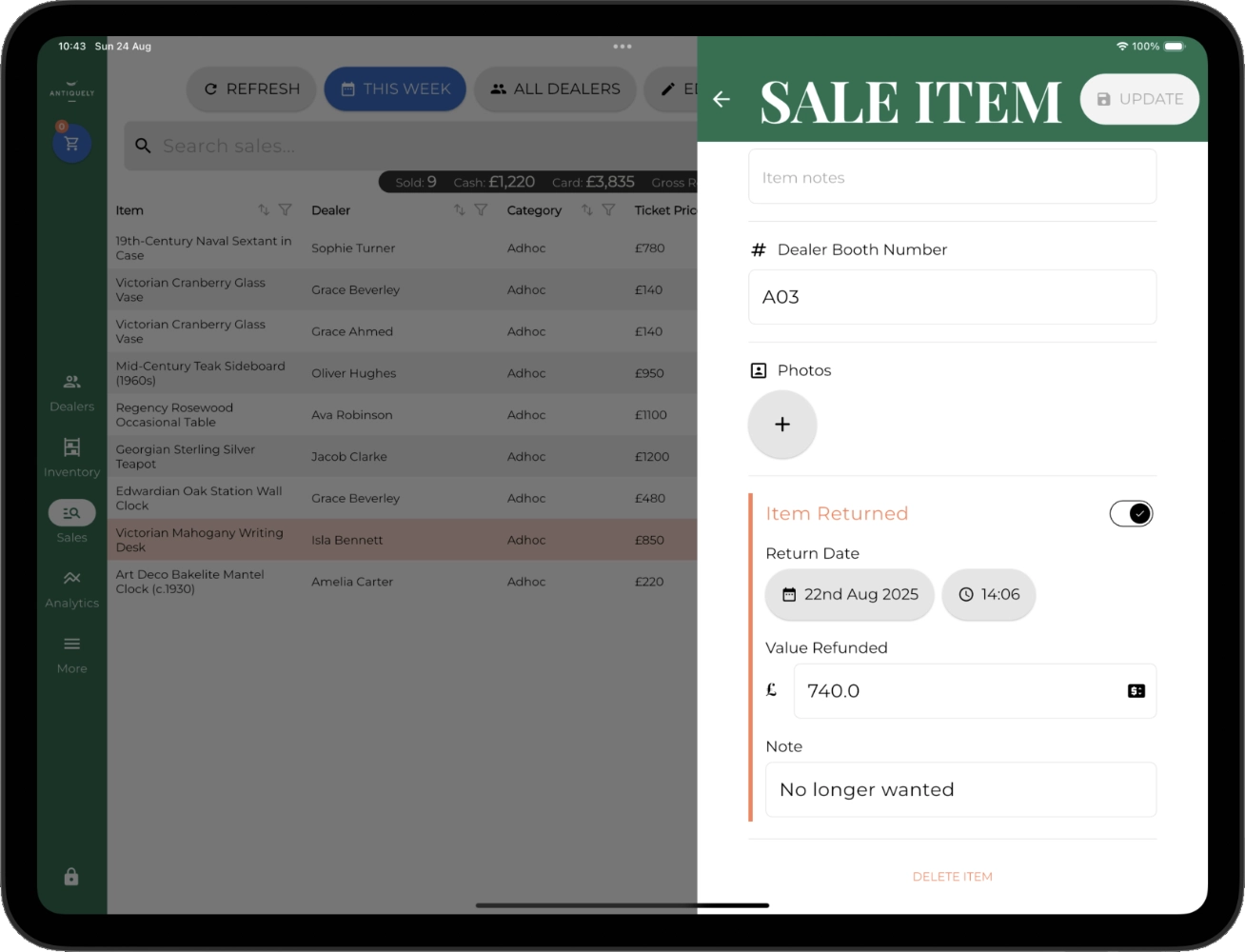 Editing a sale item to input returned details.