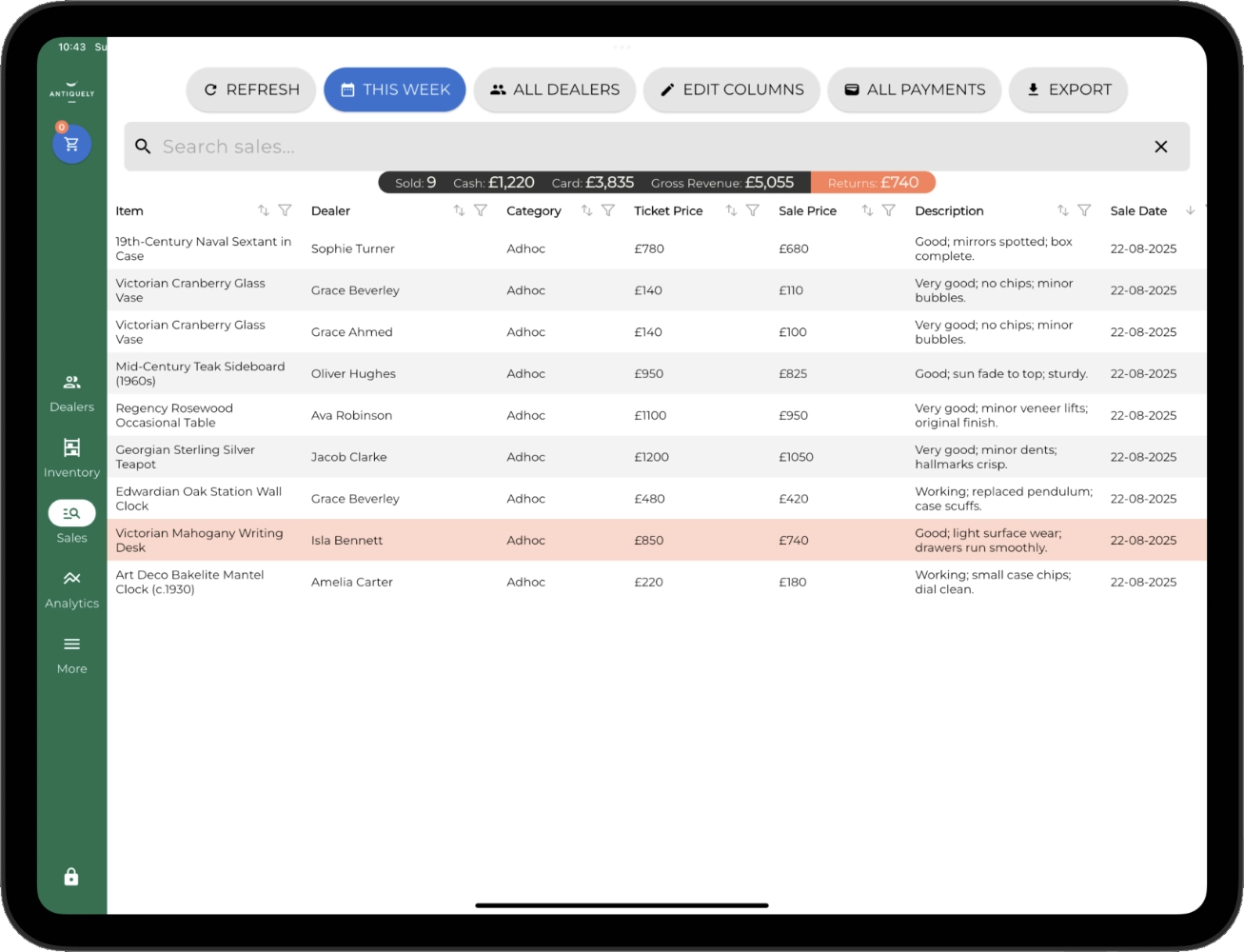 Sales screen with list of sales.