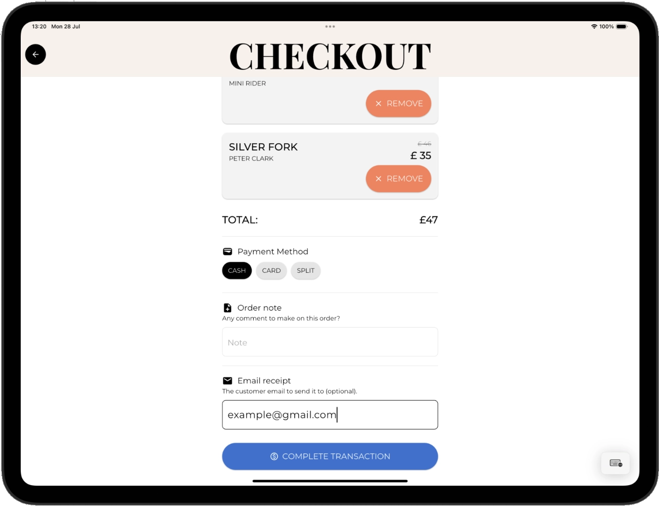 Screenshot of checking out a basket.