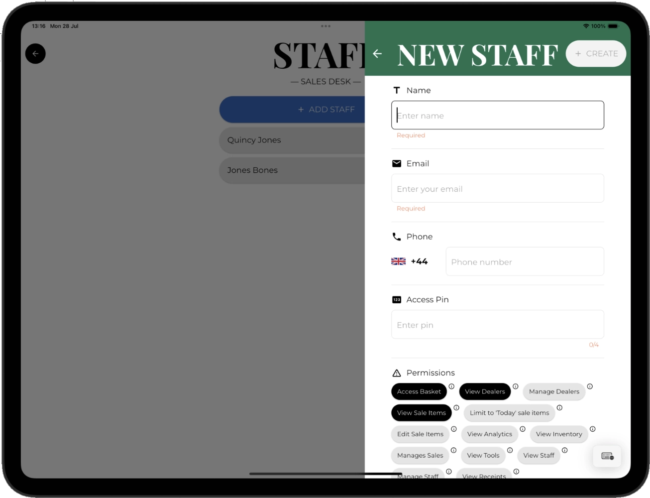 Screenshot of editing staff information.