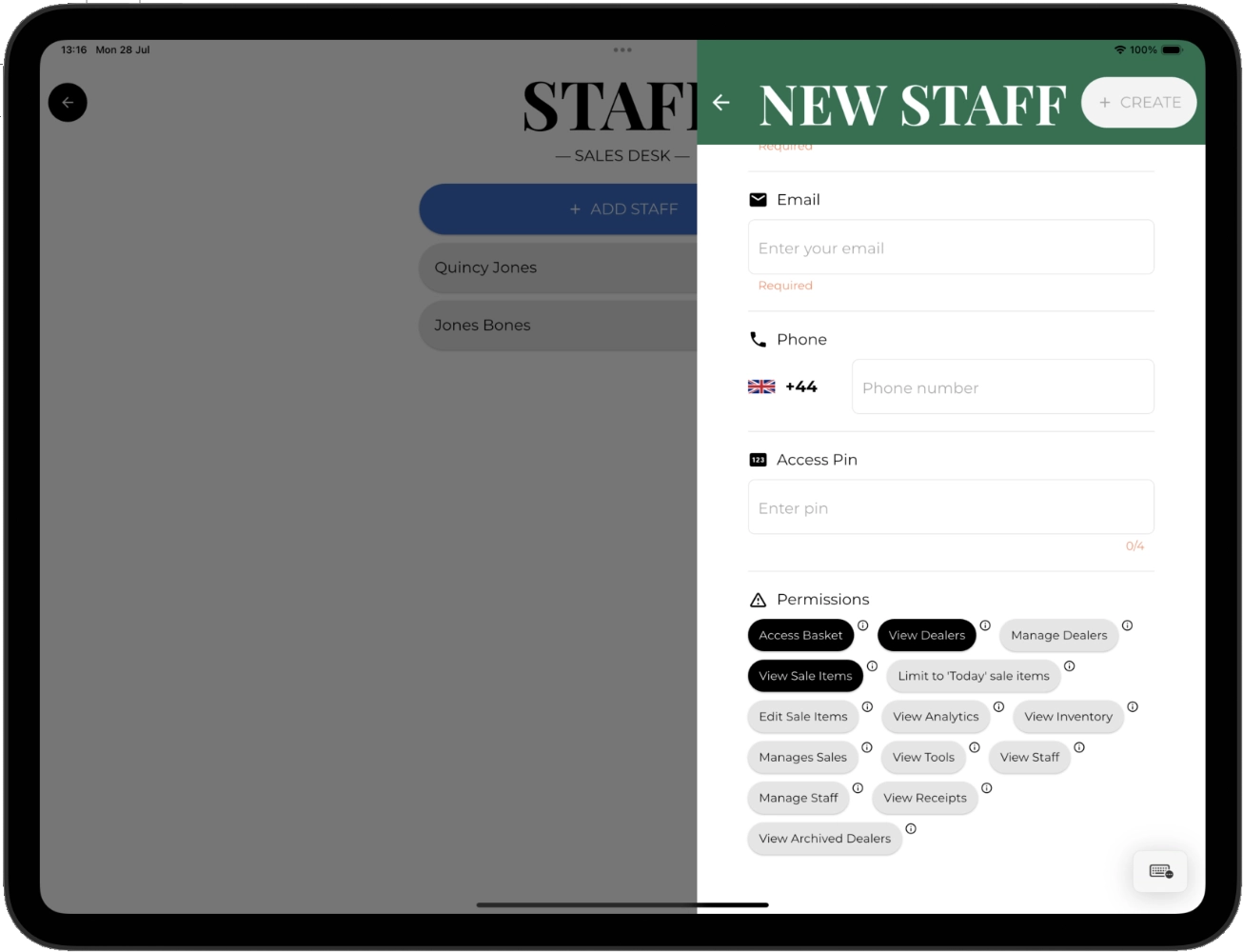 Screenshot of editing staff permissions.